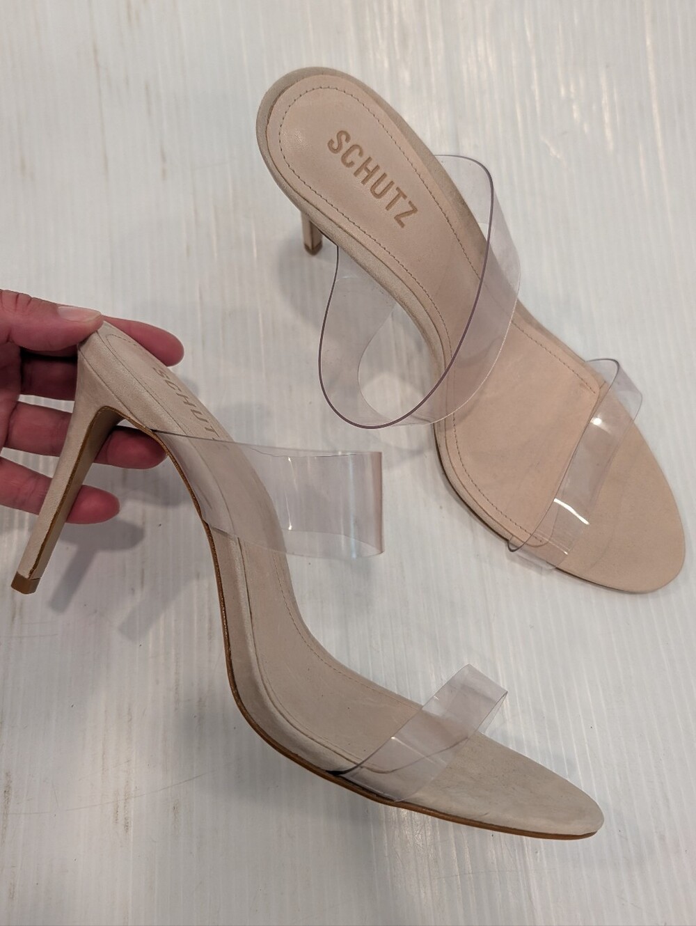 SCHUTZ Ariella Beige Clear Strap Heeled Stiletto Heel Sandals Size 11